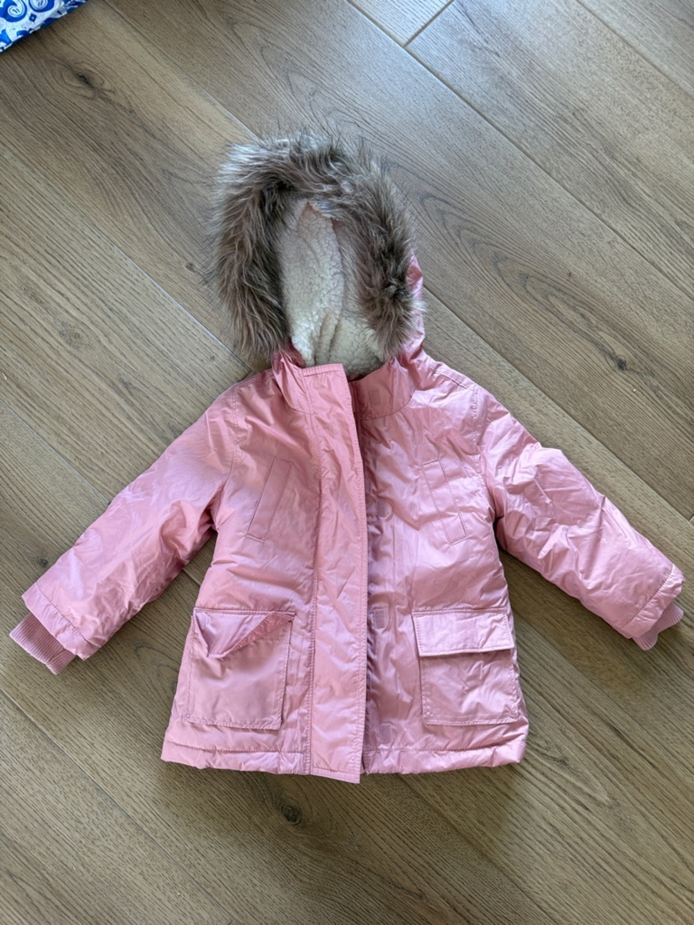 Old Navy Light Pink Girls' Hooded Puffer Coat with Faux Fur Trim